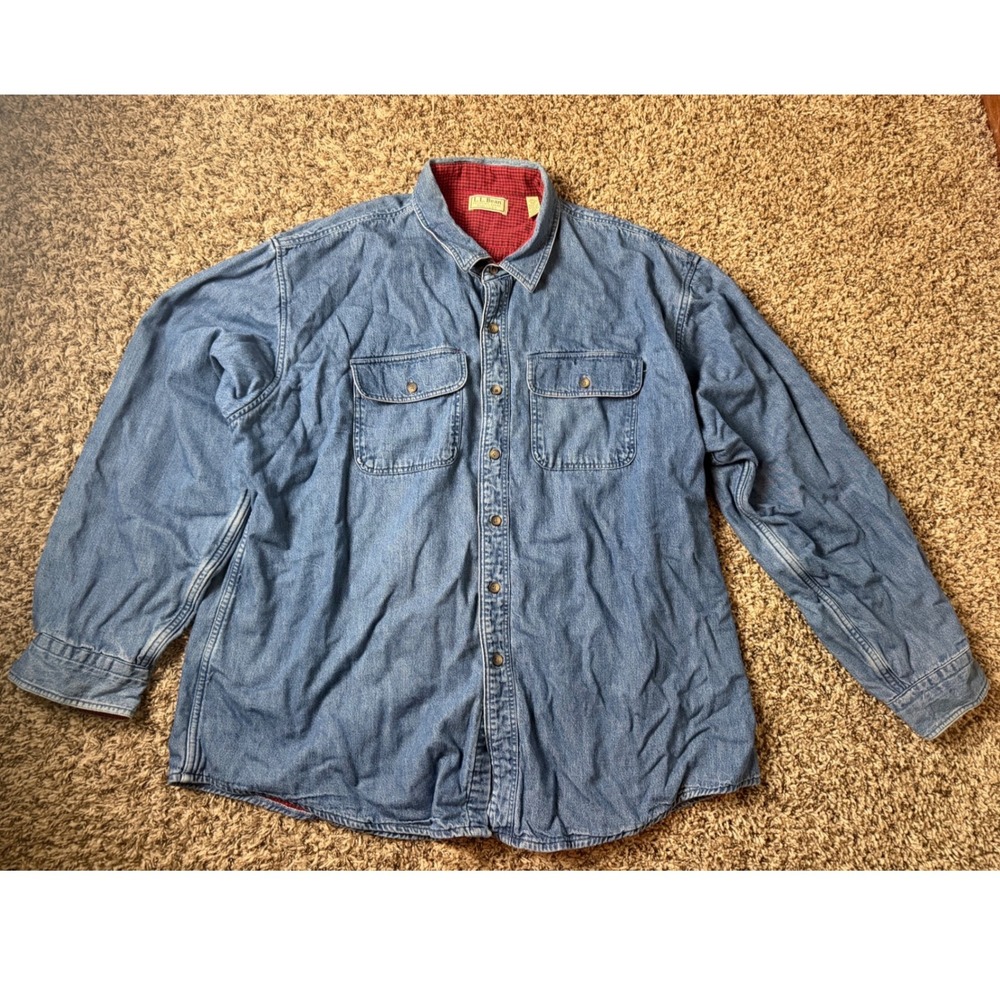 LL Bean Mens XXL Denim Shirt Flannel Lined Blue Workwear Cotton 71341 Made USA
